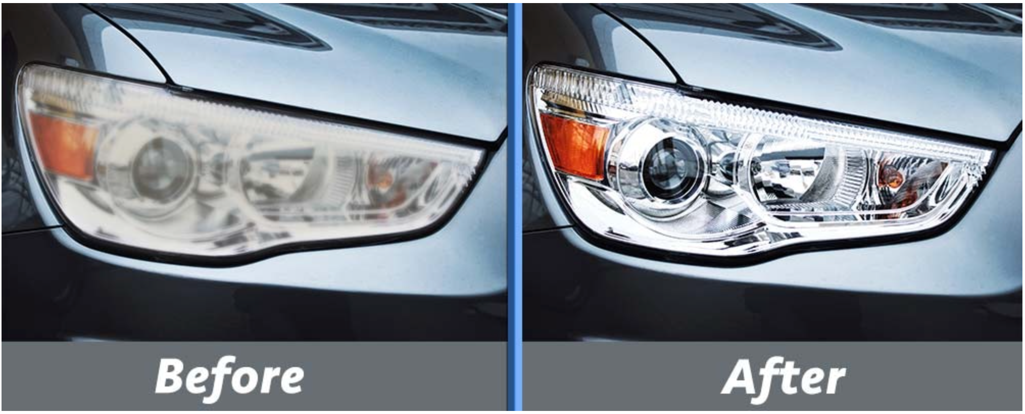 Before and after headlight restoration: yellowed hazy lens on the left, clear restored lens on the right using Car-Rep 2K Headlight Clear
