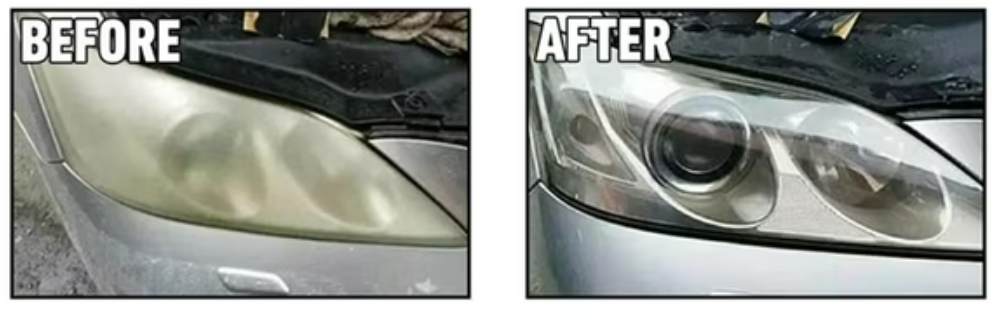 A side-by-side before and after comparison showing a car headlight. The left panel labeled 'BEFORE' shows a cloudy, yellowed headlight, while the right panel labeled 'AFTER' shows a clearer, brighter headlight.
